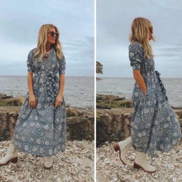 Marea The House Dress Blue Modern Floral Cotton Midi Prairie Cottagecore Summer - Picture 16 of 16